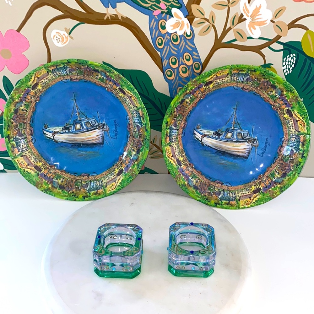 222 FIFTH MELAMINE SAGE BOAT SERVING BOWLS - pair of 2 bowls